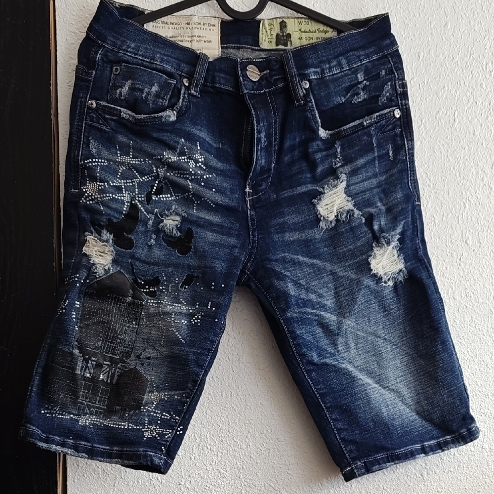 Distressed Denim Shorts with Embellishments
